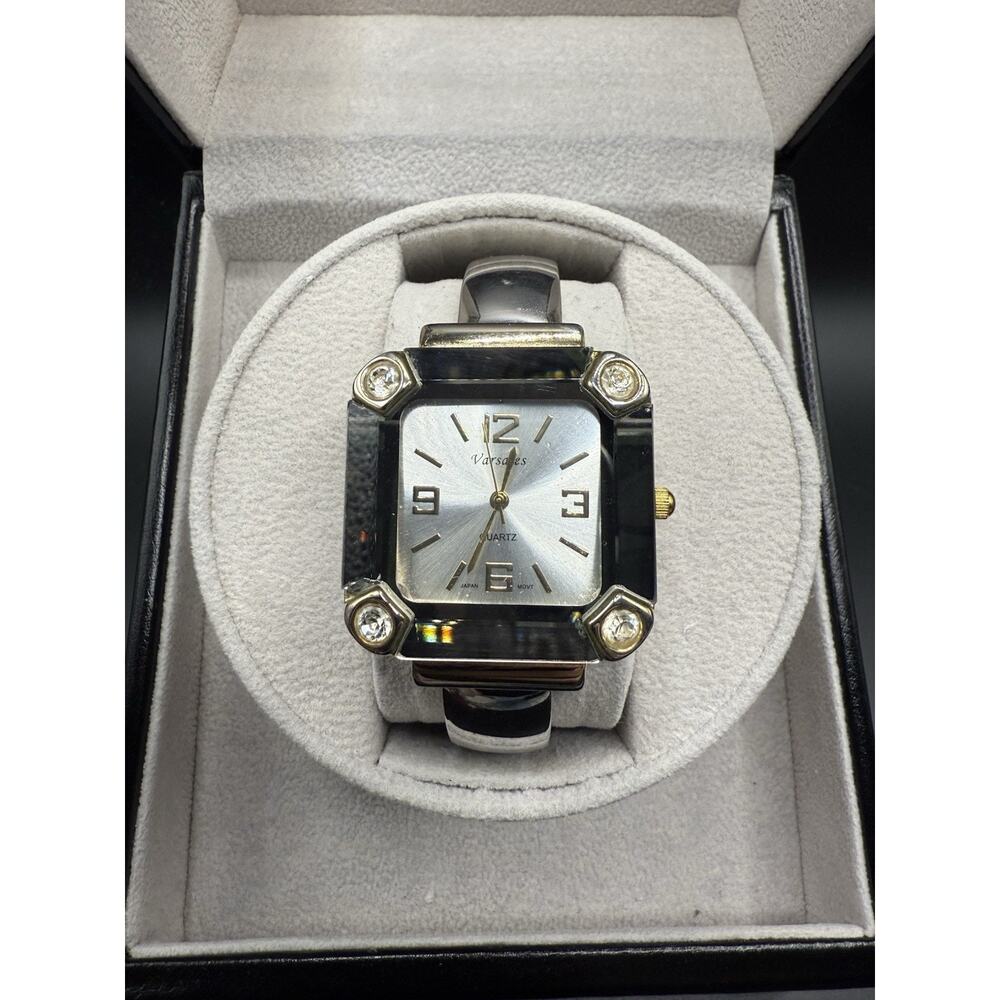 Varsales Square Quartz Cuff Watch Japan Movt Silver Dial Gold Accents 35mm